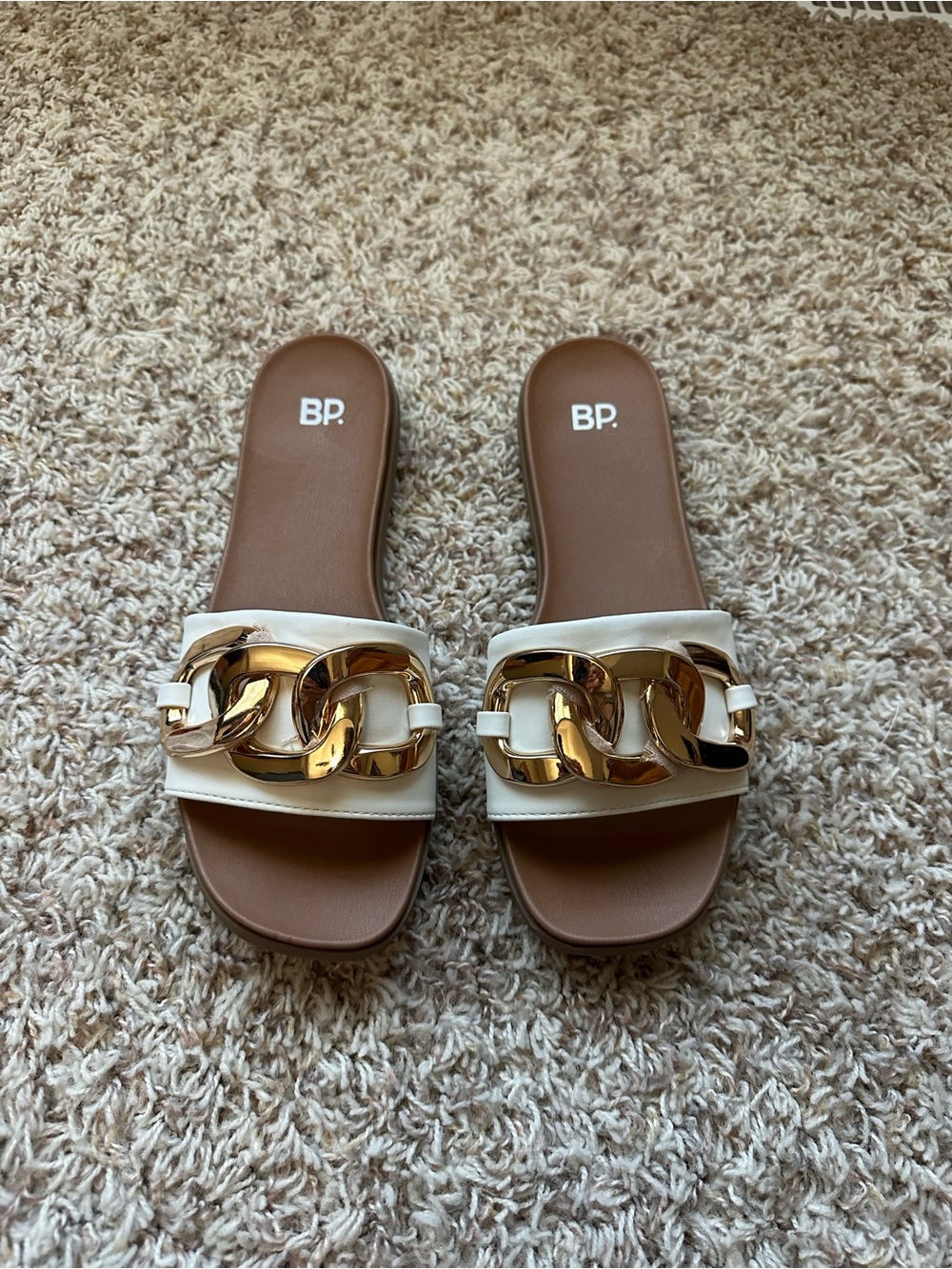 bp Cream Slide Sandals with Gold Chain Accent
